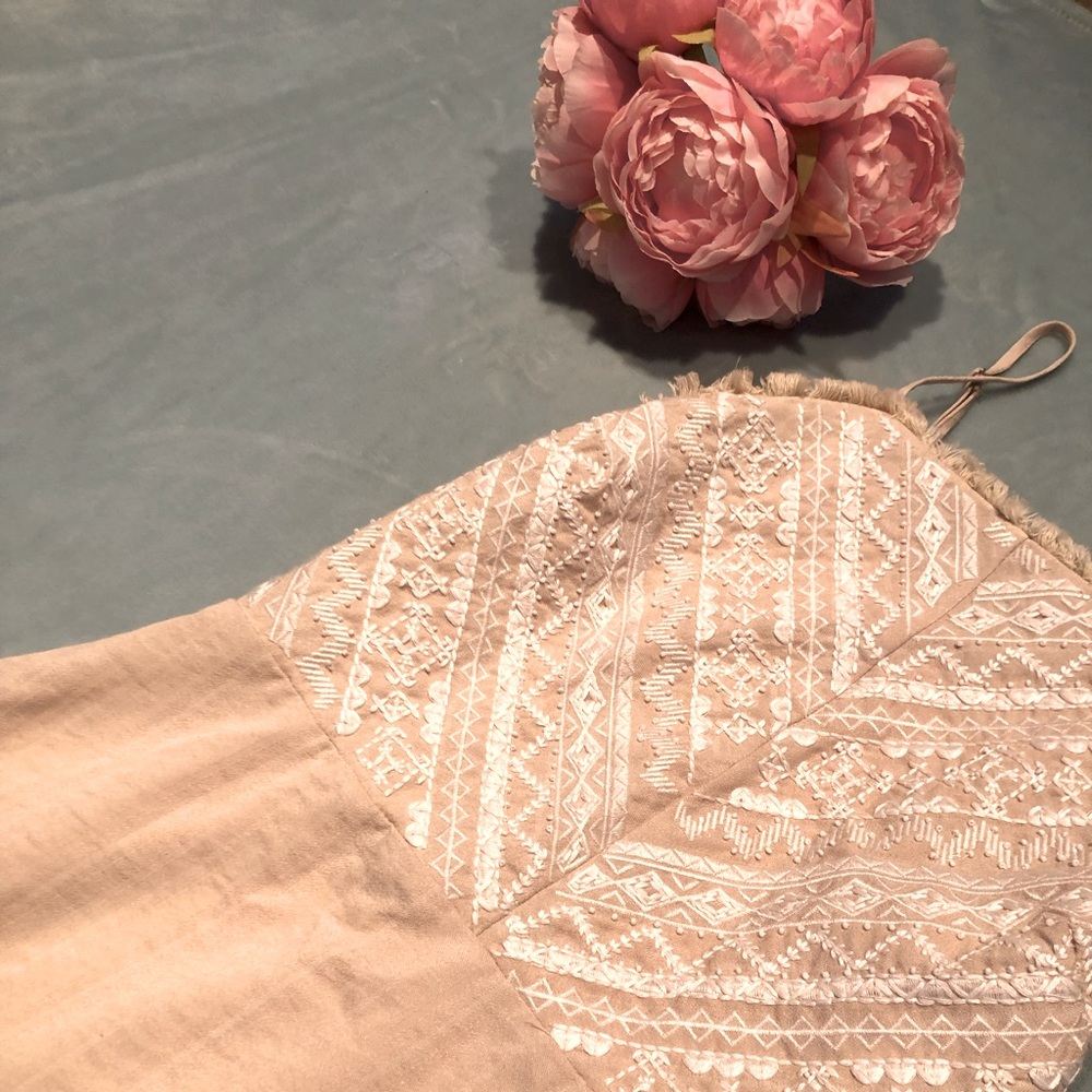 Strapless embroidered detail tan dress
